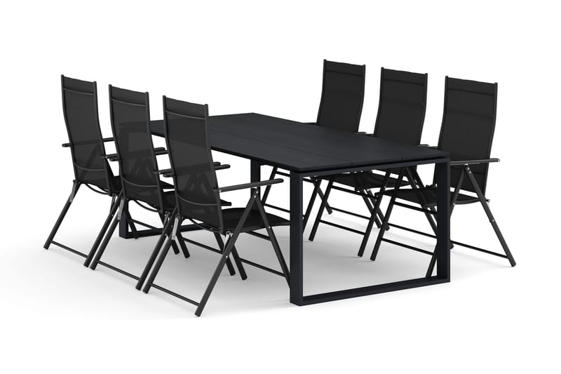 Devon udendørs spisegruppe 210x100 cm med 6 positionsstole, Sort
