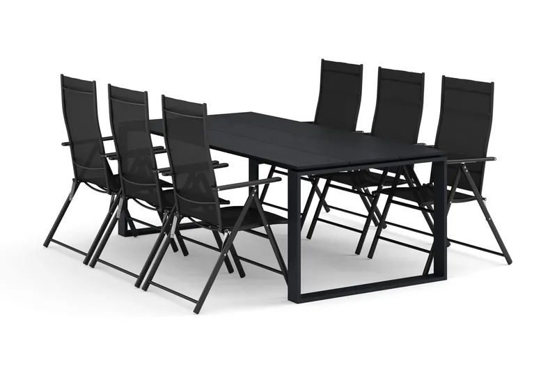 Devon udendørs spisegruppe 210x100 cm med 6 positionsstole, Sort