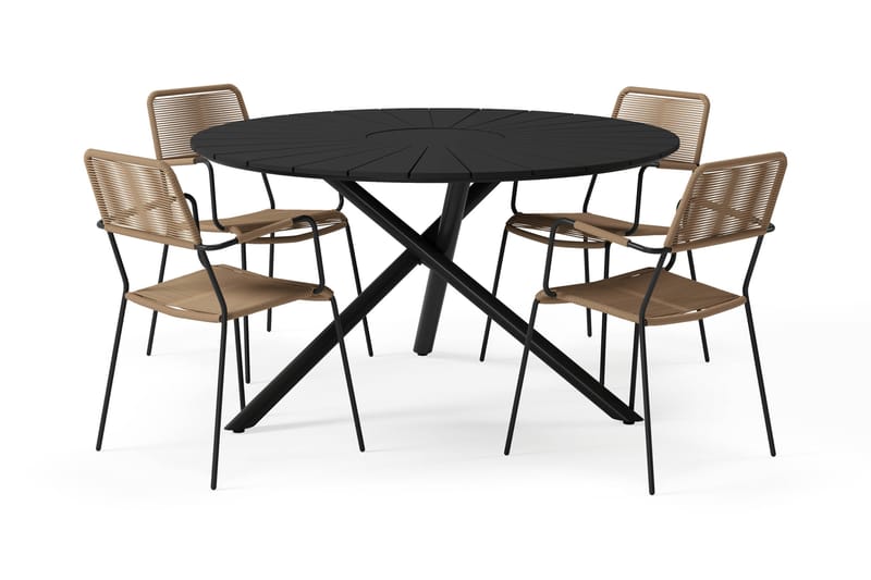 Finnhamn Rundt Spisebord 140 cm med 4 Lindos Spisestole - Sort - Havemøbler - Udendørsgruppe - Havesæt