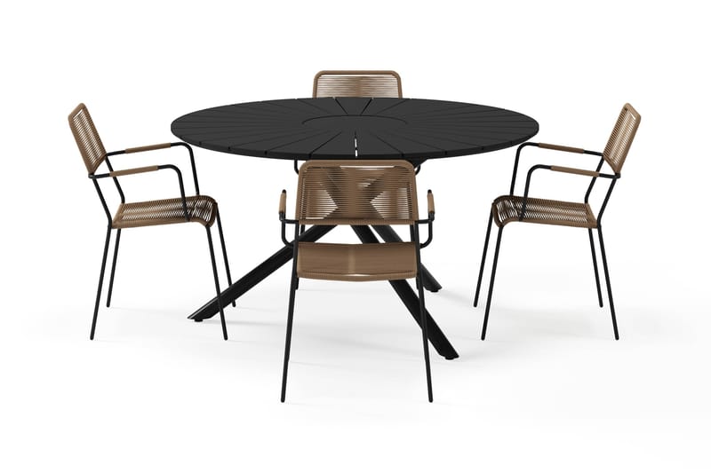 Finnhamn Rundt Spisebord 140 cm med 4 Lindos Spisestole - Sort - Havemøbler - Udendørsgruppe - Havesæt