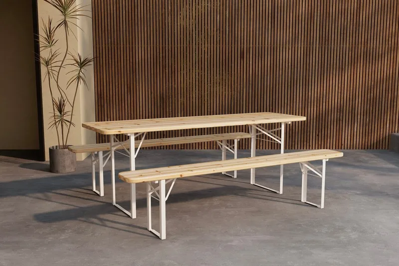 Guiness spisegruppe 200 cm med 2 bænke udendørs, Teaklook, beige stel