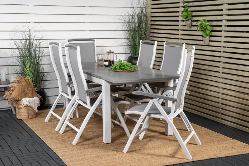 Albany Udvideligt Spisebordssæt 152-210cm + 6 Stole - Grå/Hvid - Havemøbler - Udendørsgruppe - Havesæt