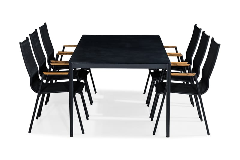 Alex Spisebordssæt 200x100 + 6 Las Vegas Armstol - Sort/Grå Stenlook/Teak - Havemøbler - Udendørsgruppe - Havesæt