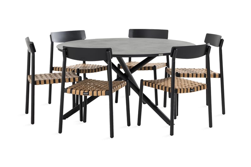 Alex Spisebordssæt Rund + 6 Spænde Spisestole - Sort / grå - Havesæt