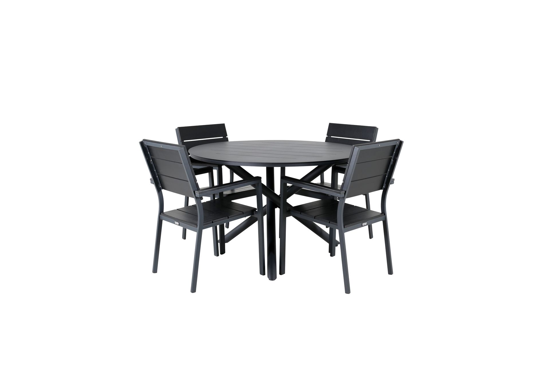 Alma Spisebordssæt Ø120cm + 4 Levels Stabelbare stole - Sort - Havemøbler - Udendørsgruppe - Havesæt