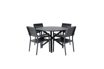 Alma Spisebordssæt Ø120cm + 4 Levels Stabelbare stole - Sort - Havemøbler - Udendørsgruppe - Havesæt
