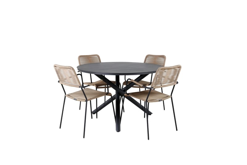 Alma Spisebordssæt Ø120cm + 4 Lindos Armstole, Brun/Hvid