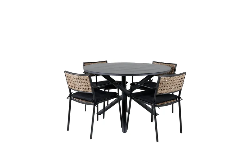 Alma Spisebordssæt Ø120cm + 4 Paola Stole, Sort/Natur
