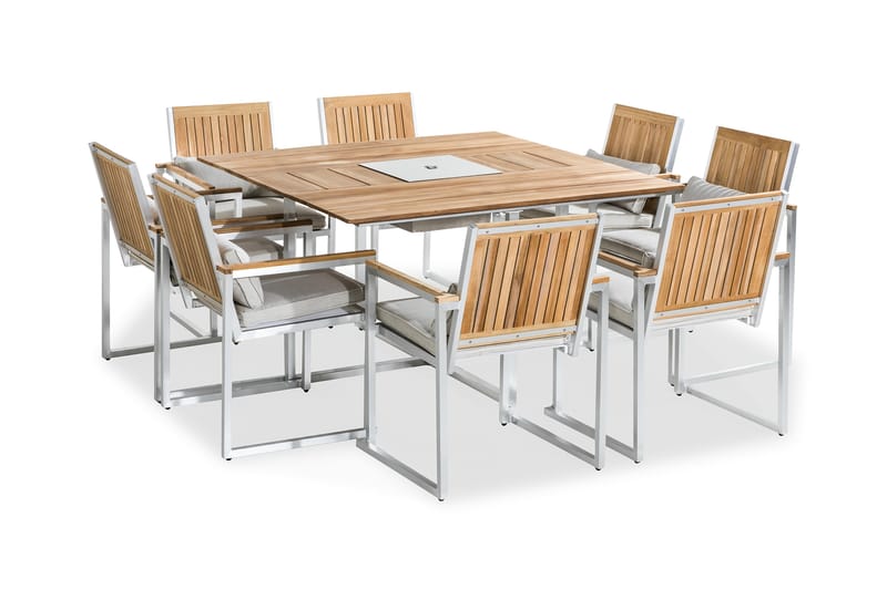 Båstad Spisebordssæt 140x140 + 8 Stole - Teak/Børstet Aluminium - Havesæt