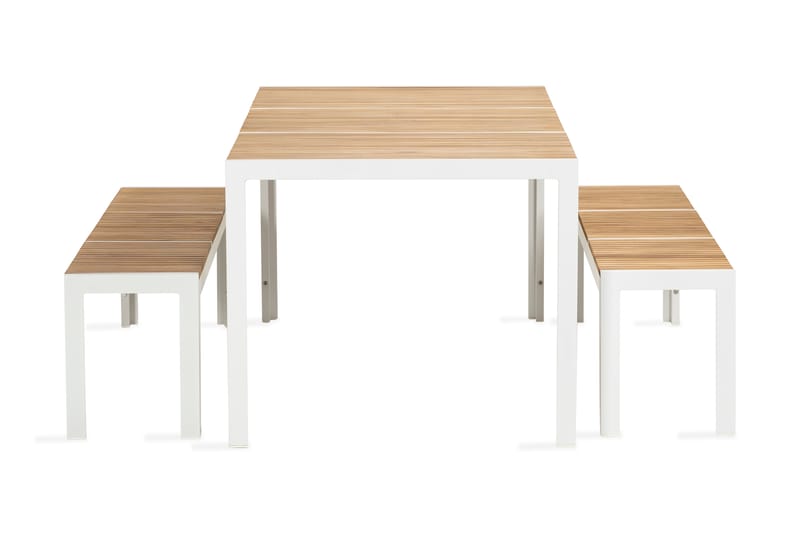 Barkar Spisebordssæt + 2 Bænkar - Teak/Hvid - Havesæt