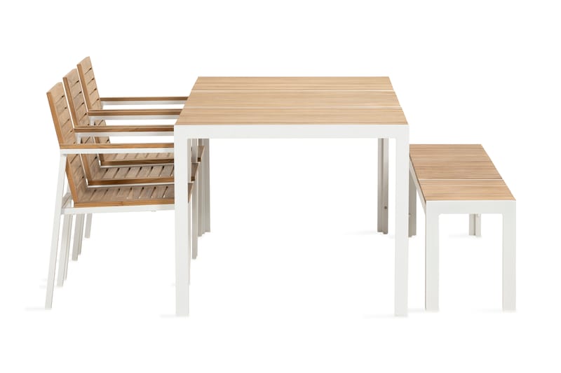 Barkar Spisebordssæt + 3 Stole + Bænk - Teak/Hvid - Havemøbler børn - Havesæt