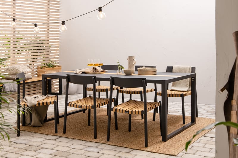 Bastian spisebordssæt 200 cm + 6 spænde spisestole - Sort / teak - Havesæt