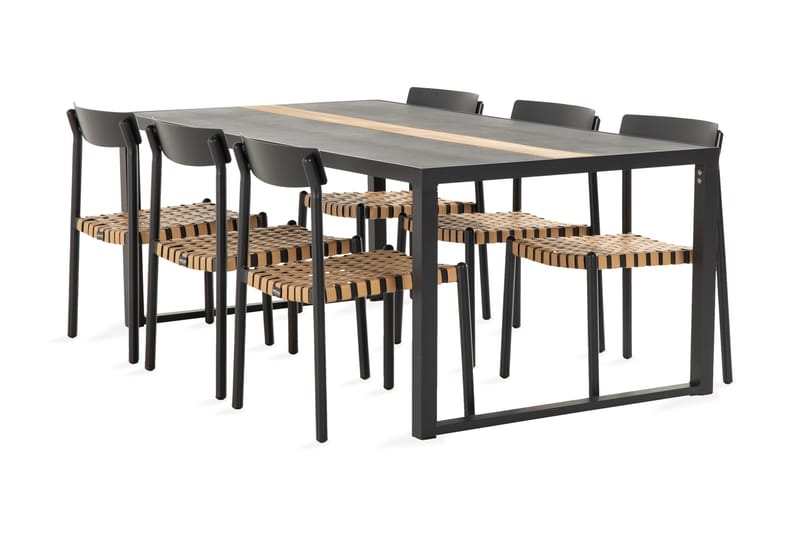 Bastian spisebordssæt 200 cm + 6 spænde spisestole - Sort / teak - Havesæt