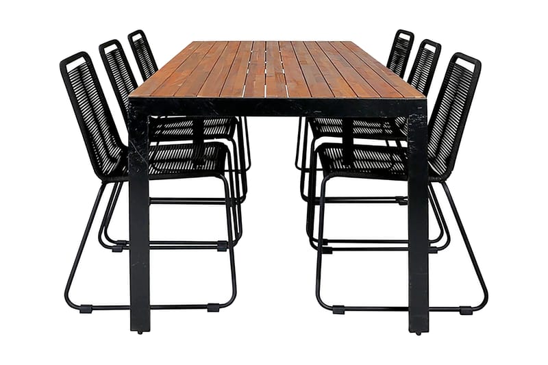 Bois Spisebordssæt 205cm + 6 Lindos Stabelbare stole, Sort/Grå