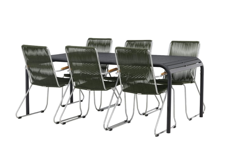 Borneo Spisegruppe 200 cm + 6 Bois Armlænsstole, Grøn/Sort