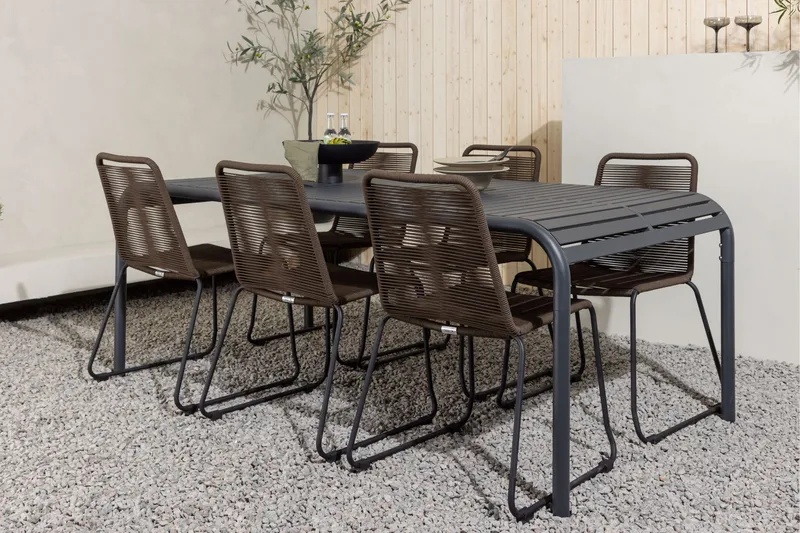 Borneo Spisegruppe 200 cm + 6 Lindos Spisestole - Brun/Sort - Havemøbler - Udendørsgruppe - Havesæt