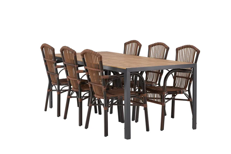 Break Spisegruppe 205 cm + 6 Galera Armlænsstole, Brun