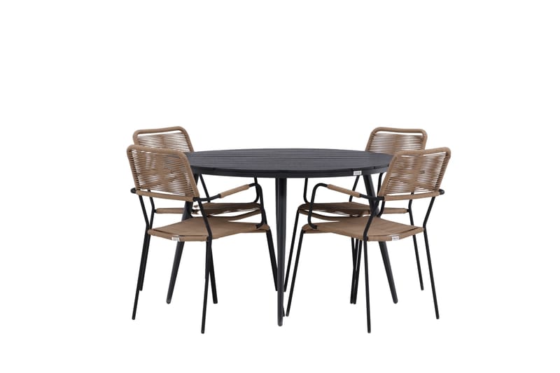 Break Spisegruppe Rund 120 cm + 4 Lindos Armlænsstole, Sort/Beige