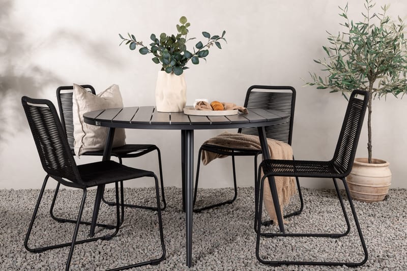 Break Spisegruppe Rund 120 cm + 4 Lindos Stabelbar stol - Sort - Havemøbler - Udendørsgruppe - Havesæt