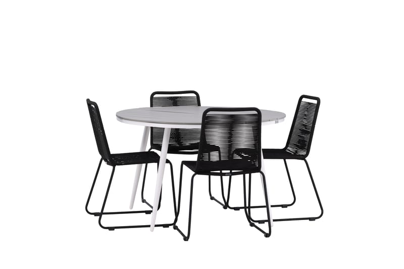 Break Spisegruppe Rund 120 cm + 4 Lindos Stabelbar stol - Sort/Grå - Havemøbler - Udendørsgruppe - Havesæt