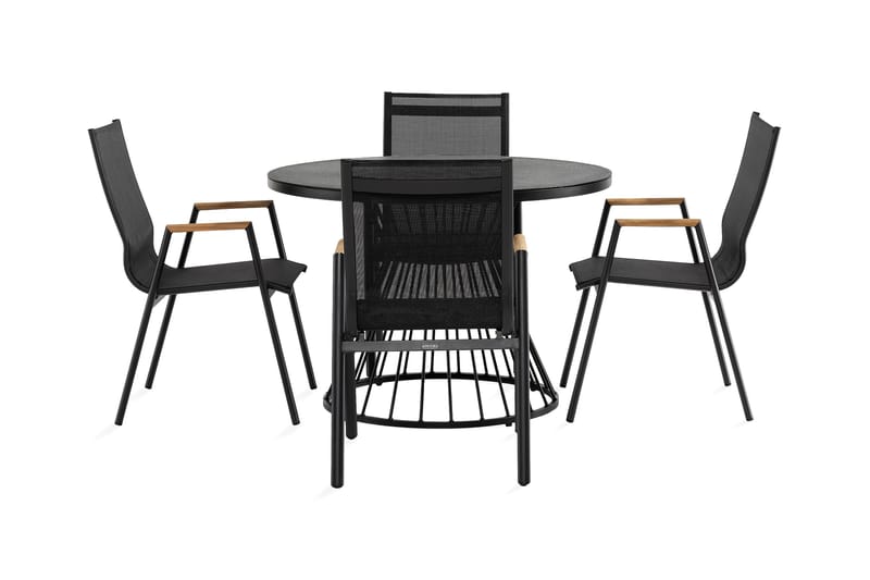 Cage Spisebordssæt + 4 Las Vegas lænestole - Sort / Sort / Teak - Havesæt