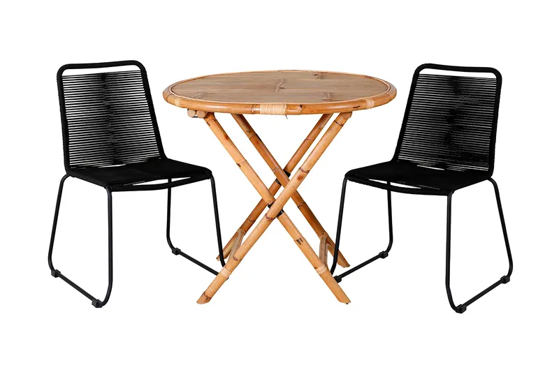 Cane Spisebordssæt Ø80cm + 2 Lindos Stabelbare stole, Hvid