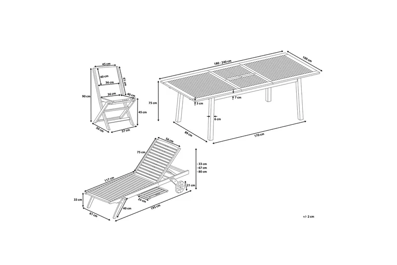 Cesana havemøbler med bord + 8 stole + chaiselong 2 stk - Træ / natur - Havemøbler - Udendørsgruppe - Havesæt