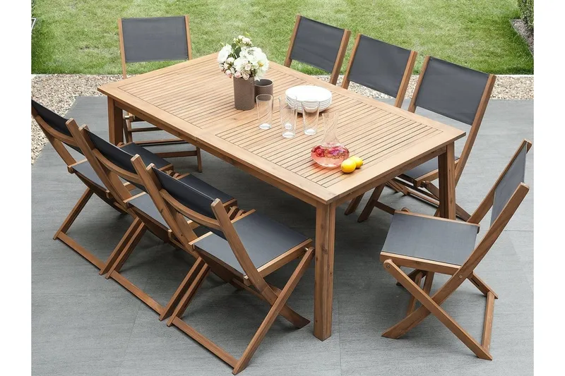 Cesana havemøbler med bord + 8 stole + chaiselong 2 stk, Træ / natur