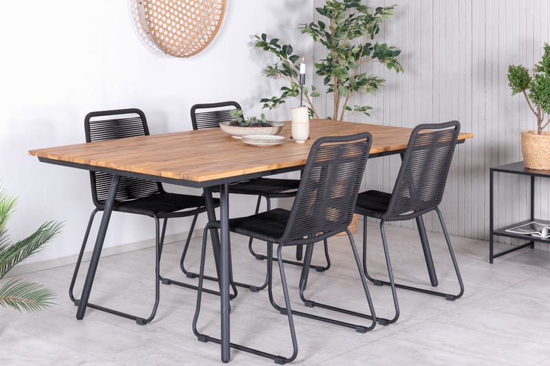 Chan Spisebordssæt 200cm + 4 Lindos Stabelbare stole - Sort/Grå - Havemøbler - Udendørsgruppe - Havesæt