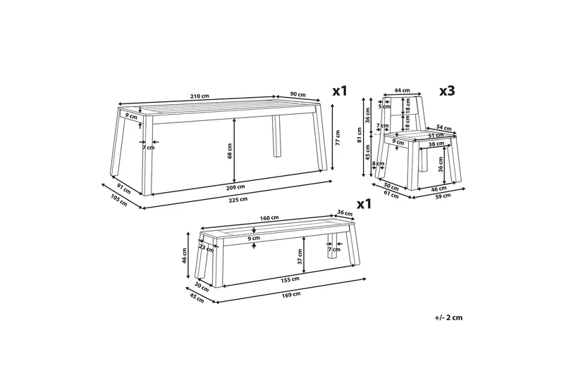Coteto Spisebordssæt 225 cm + 3 Stole + Bænk - Akacie - Havemøbler - Udendørsgruppe - Havesæt