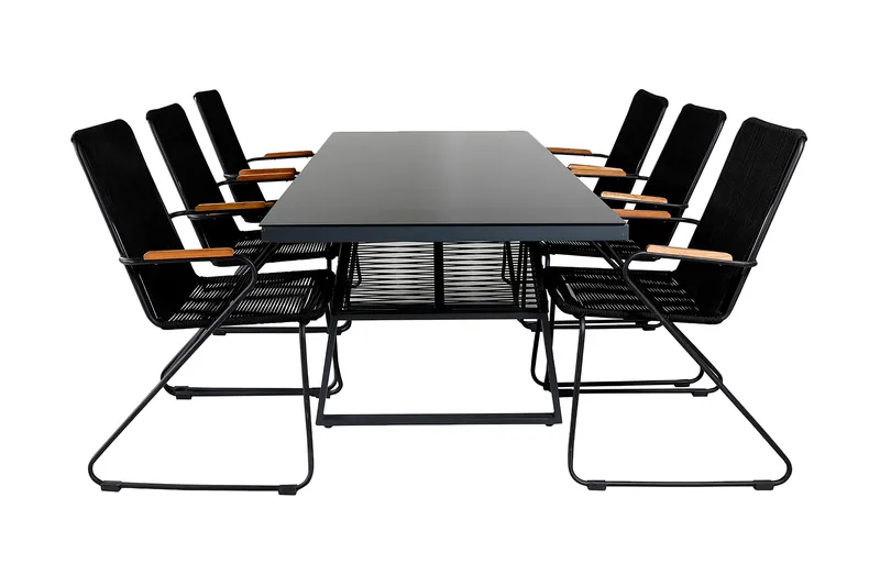Dallas Spisebordssæt 193cm + 6 Bois Armstole, Sort