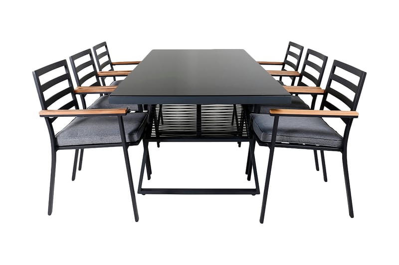 Dallas Spisebordssæt 193cm + 6 Brasilia Armstole, Sort/Grå