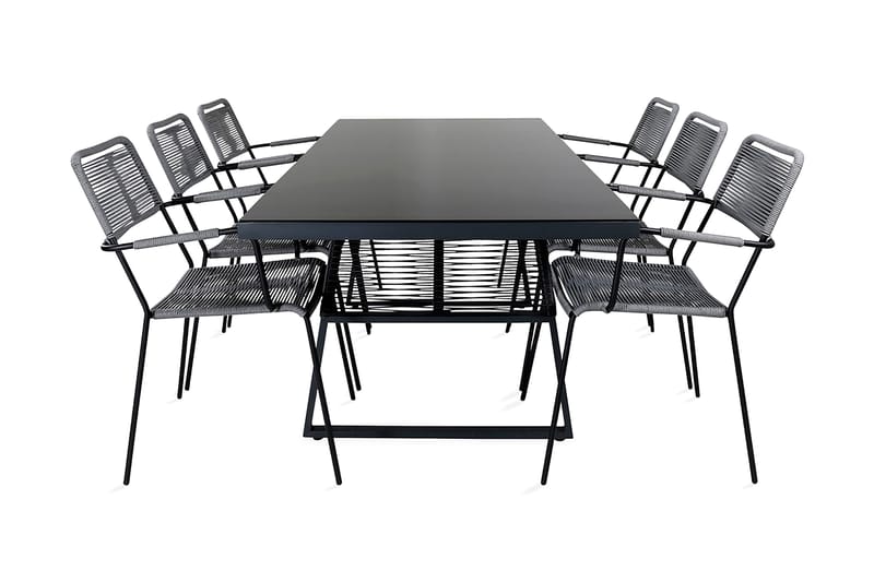 Dallas Spisebordssæt 193cm + 6 Lindos Armstole, Sort/Grå