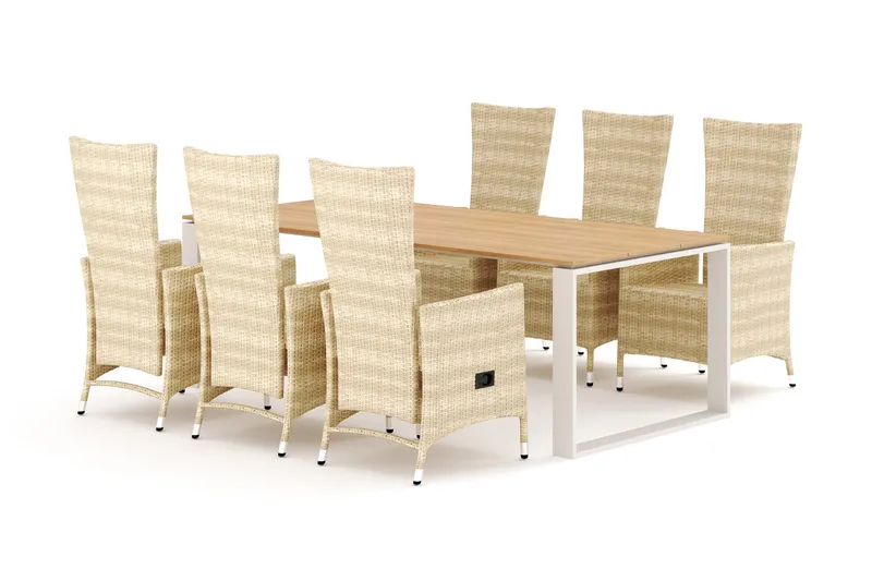Devon udendørs spisebordssæt 210x100 cm med 6 Jenny spisestole, Beige/Teak