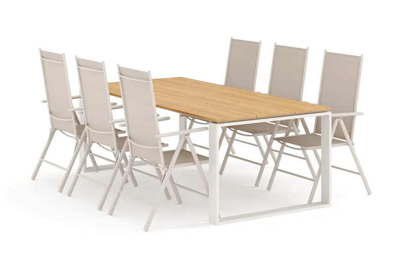 Devon udendørs spisegruppe 210x100 cm med 6 Maggie positionsstole, Beige/Teak