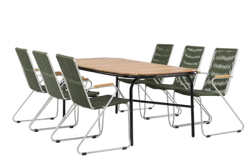 Holmbeck Spisegruppe 200 cm + 6 Bois Armlænsstole, Grøn/Brun