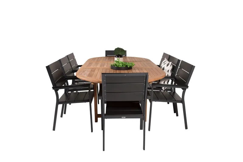 Kenya Spisegruppe 180-240x120 cm + 8 Levels Stabelbar stol - Sort/Brun - Havemøbler - Udendørsgruppe - Havesæt