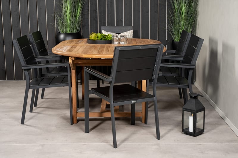 Kenya Spisegruppe 180-240x120 cm + 6 Levels Stabelbar stol - Sort/Brun - Havemøbler - Udendørsgruppe - Havesæt