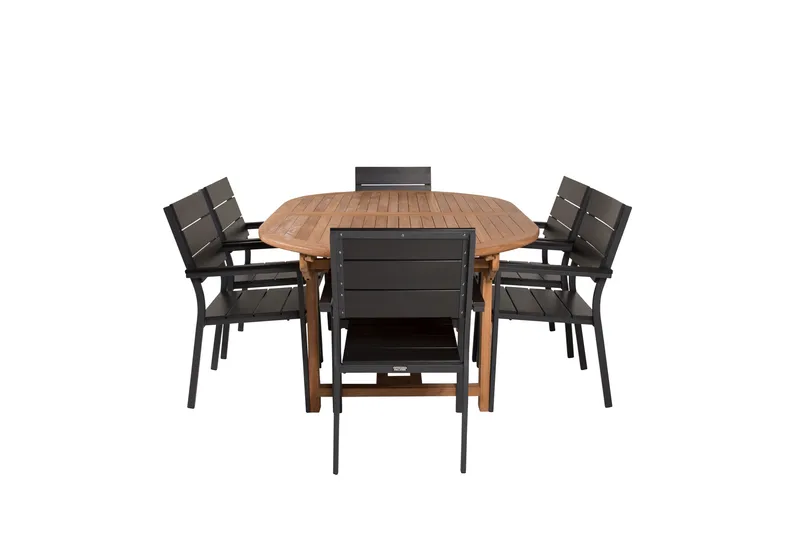 Kenya Spisegruppe 180-240x120 cm + 6 Levels Stabelbar stol, Sort/Brun