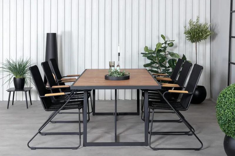 Khung Spisebordssæt 200cm + 6 Bois Armstole, Sort/Brun