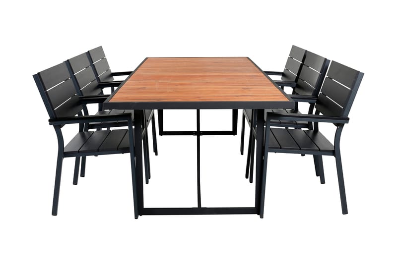 Khung Spisebordssæt 200cm + 6 Levels Stabelbare stole, Sort/Brun