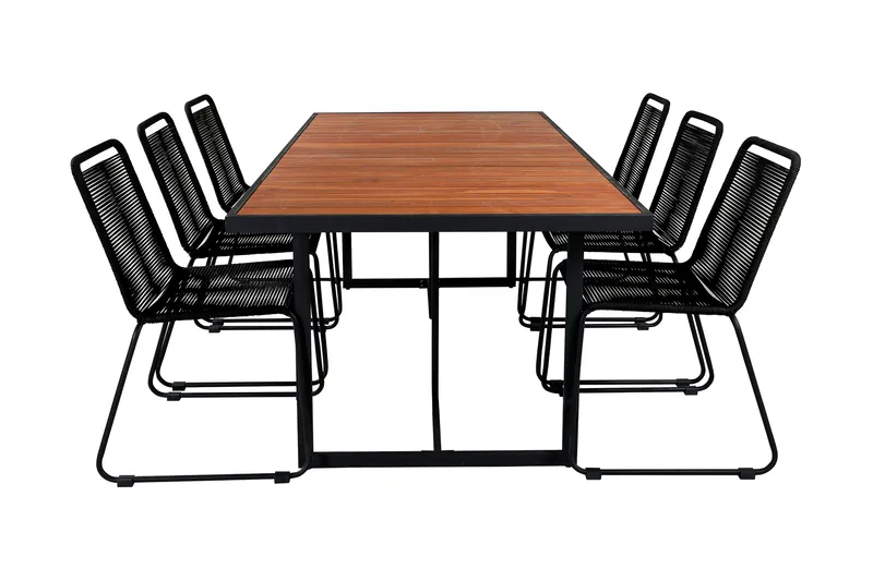 Khung Spisebordssæt 200cm + 6 Lindos Stabelbare stole, Sort