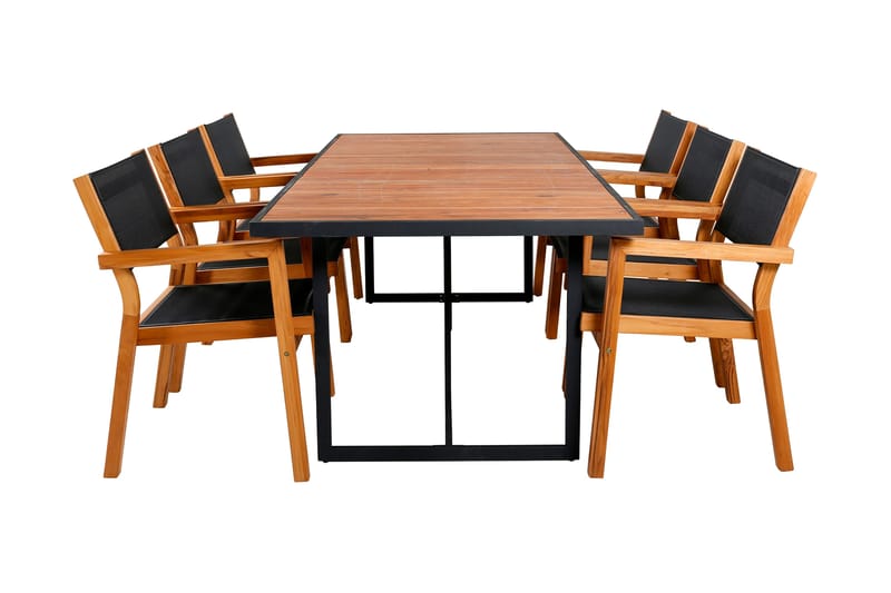 Khung Spisebordssæt 200cm + 6 Venice Stabelbare stole, Sort