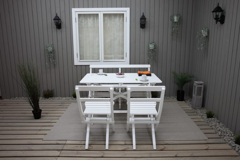Larios Spisebordssæt + 2 Sammenfoldelige Stole + Bænk - Hvidt - Havemøbler - Udendørsgruppe - Havesæt
