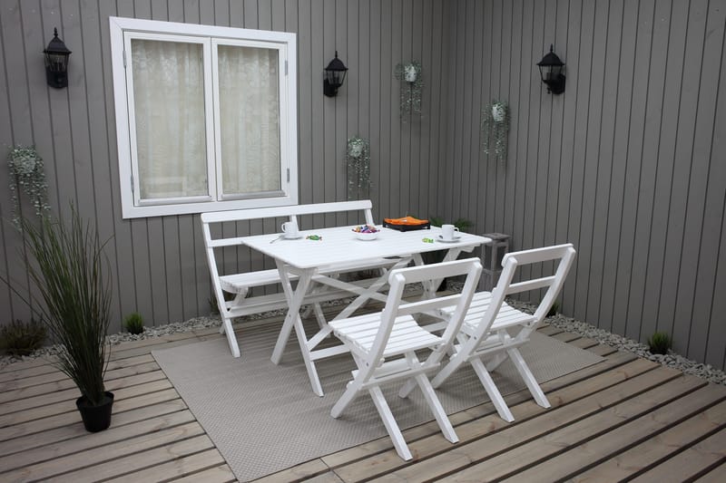 Larios Spisebordssæt + 2 Sammenfoldelige Stole + Bænk - Hvidt - Havemøbler - Udendørsgruppe - Havesæt