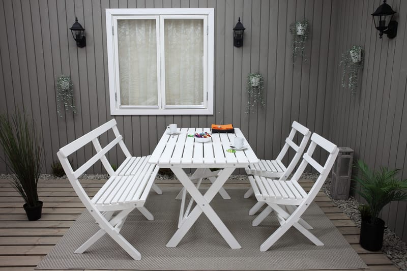 Larios Spisebordssæt + 2 Sammenfoldelige Stole + Bænk - Hvidt - Havemøbler - Udendørsgruppe - Havesæt