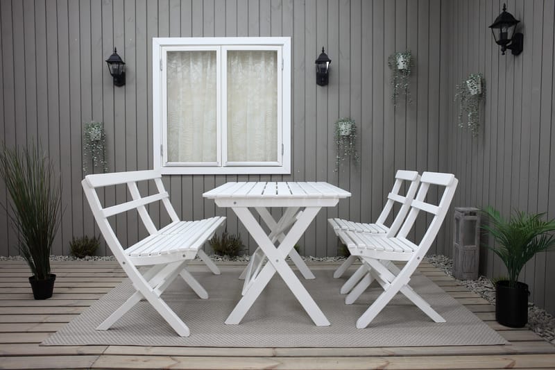 Larios Spisebordssæt + 2 Sammenfoldelige Stole + Bænk - Hvidt - Havemøbler - Udendørsgruppe - Havesæt