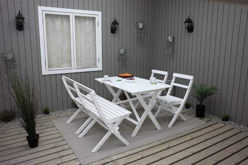 Larios Spisebordssæt + 2 Sammenfoldelige Stole + Bænk, Hvidt