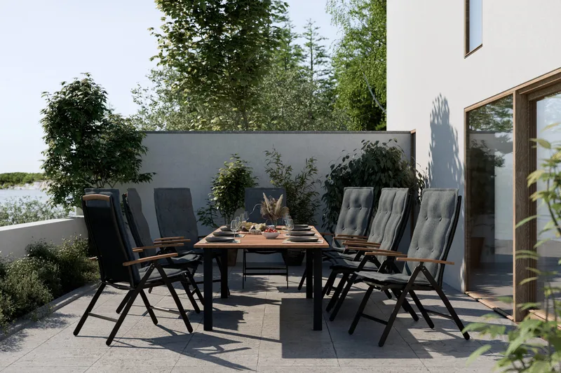 Las Vegas 11495220-280 + 8 Positionsstole Lyx - Sort/Teak - Havemøbler - Udendørsgruppe - Havesæt