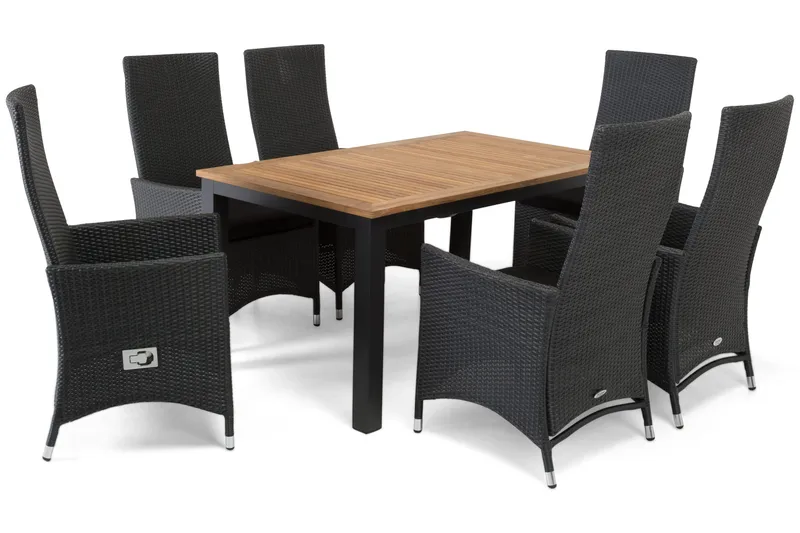 Las Vegas Havesæt 152-210 + 6 Jenny Justerbar Lænestole - Teak/Sort - Havemøbler - Udendørsgruppe - Havesæt